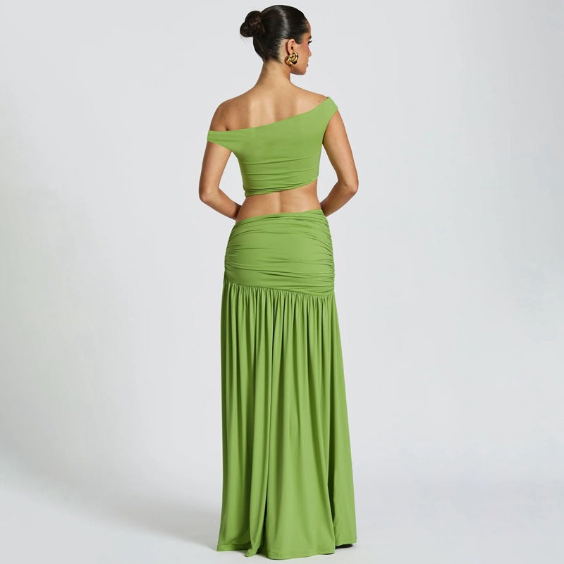 Sexy Navel Diagonal Collar Top Slim Fit Slit Skirt Suit