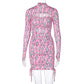 New Hollow Drawstring Long Sleeve Printed Dress