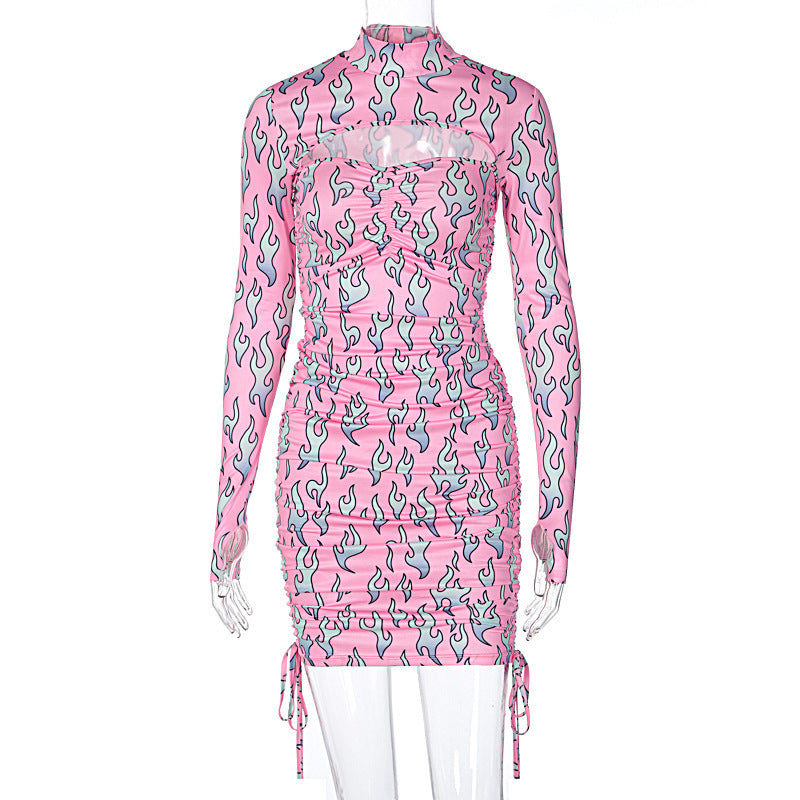 New Hollow Drawstring Long Sleeve Printed Dress