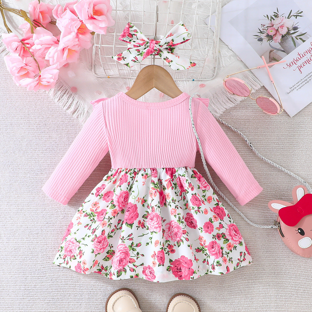 Girls' Striped Printed Bow Dress Suit