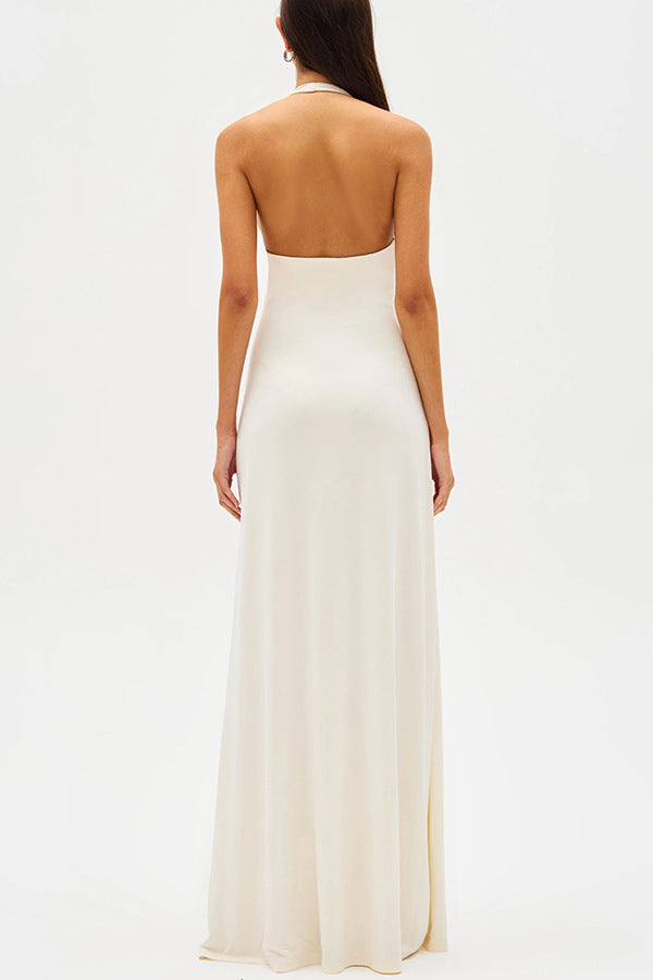 European And American Solid Color See-through Low Cut Sleeveless Dress Women