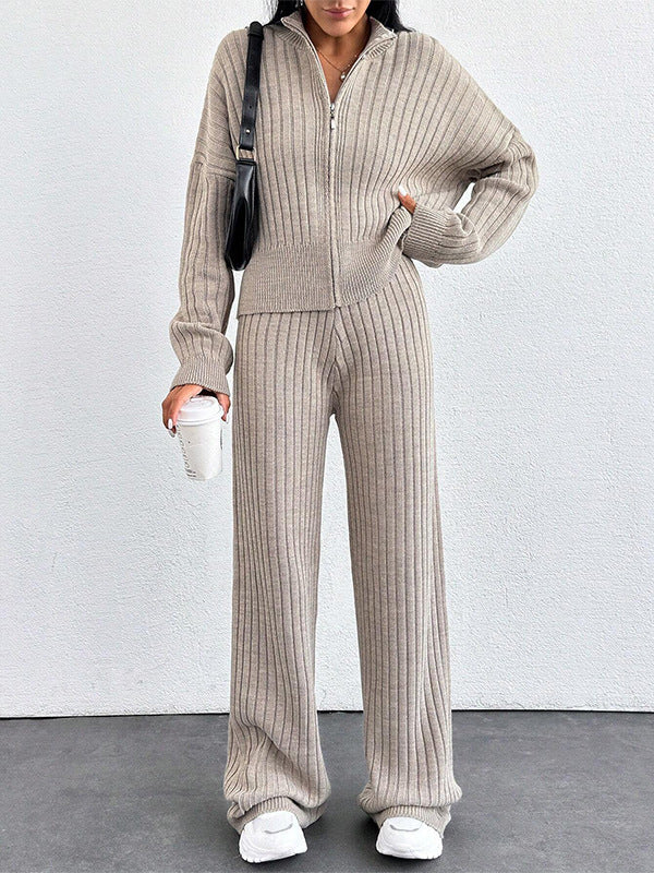 Autumn And Winter New European And American Women's Casual Loose Zip Top And Trousers Two-piece Set