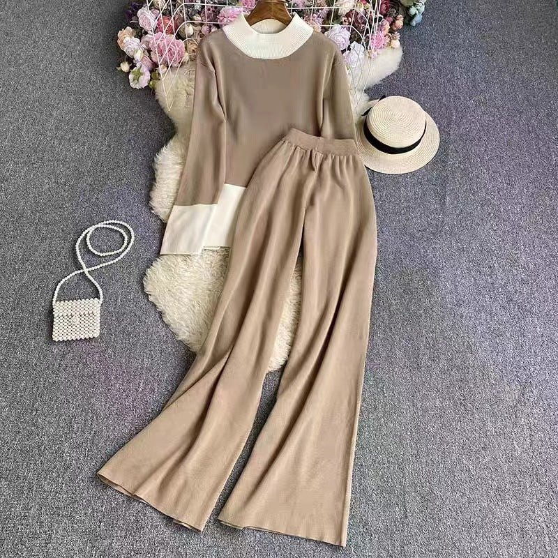 Fashion Women's Long-sleeved Top High Waist Slimming Wide-leg Pants Suit