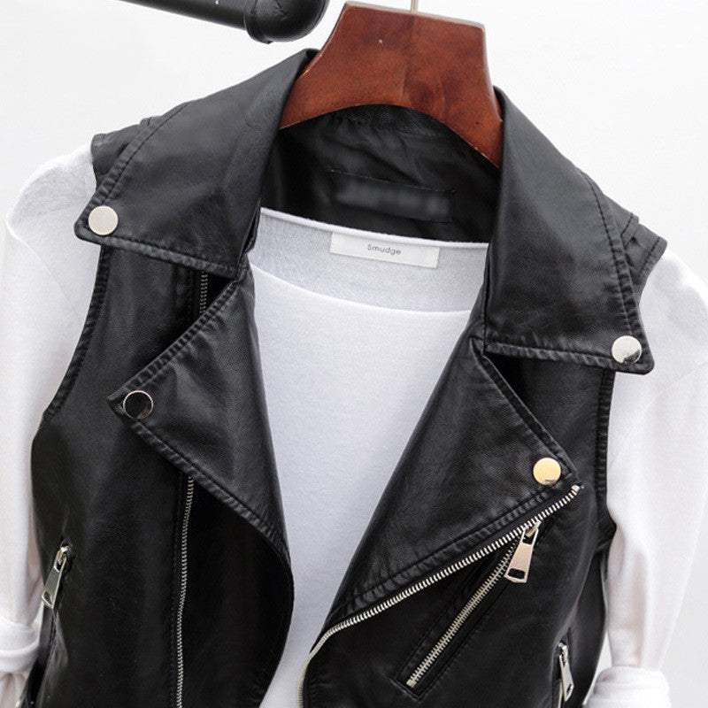 Sleeveless leather PU belt coat