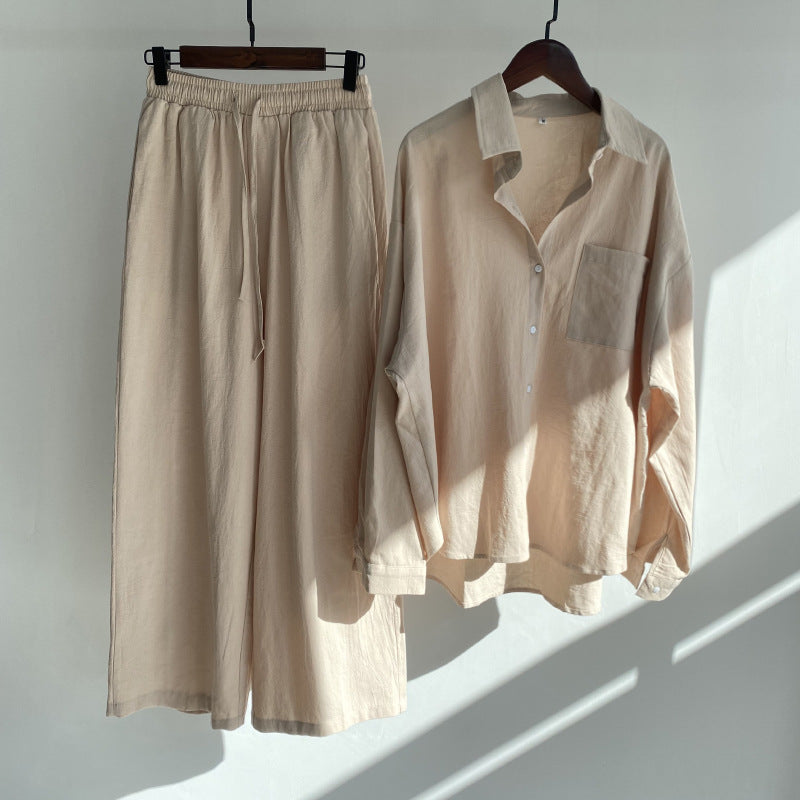 Ensemble 2 pièces rétro grande taille pour femme, chemise en coton et lin, pantalon ample taille haute