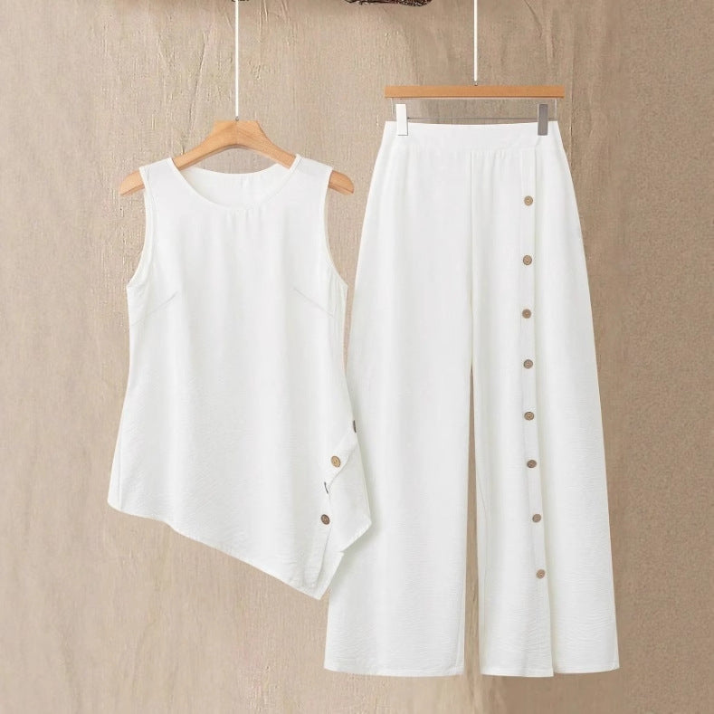Simple Casual Daily Wear Sleeveless Top And Long Pants Set