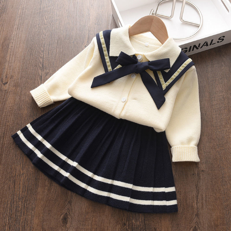 Ensemble deux pièces en tricot style western pour fille, cardigan, pull, jupe