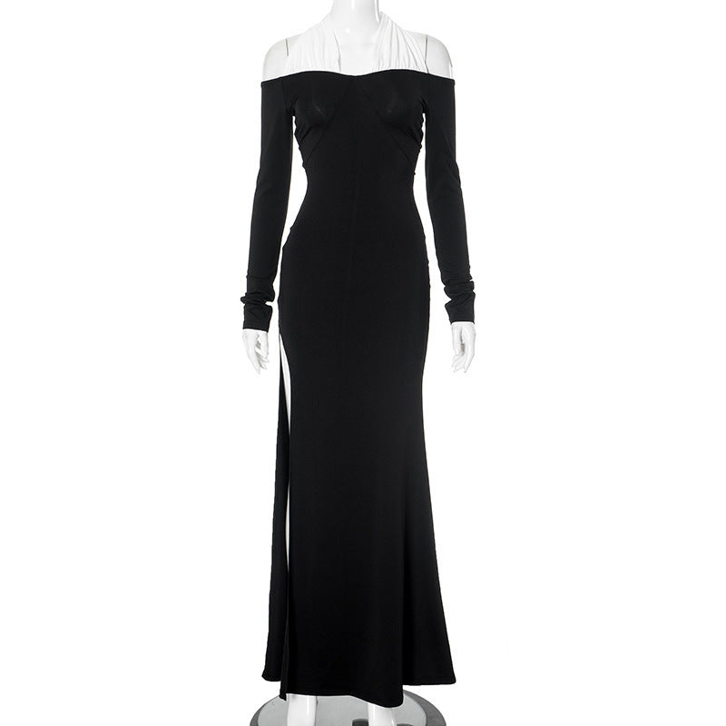 Robe longue moulante à col licou et couleur contrastée pour femme