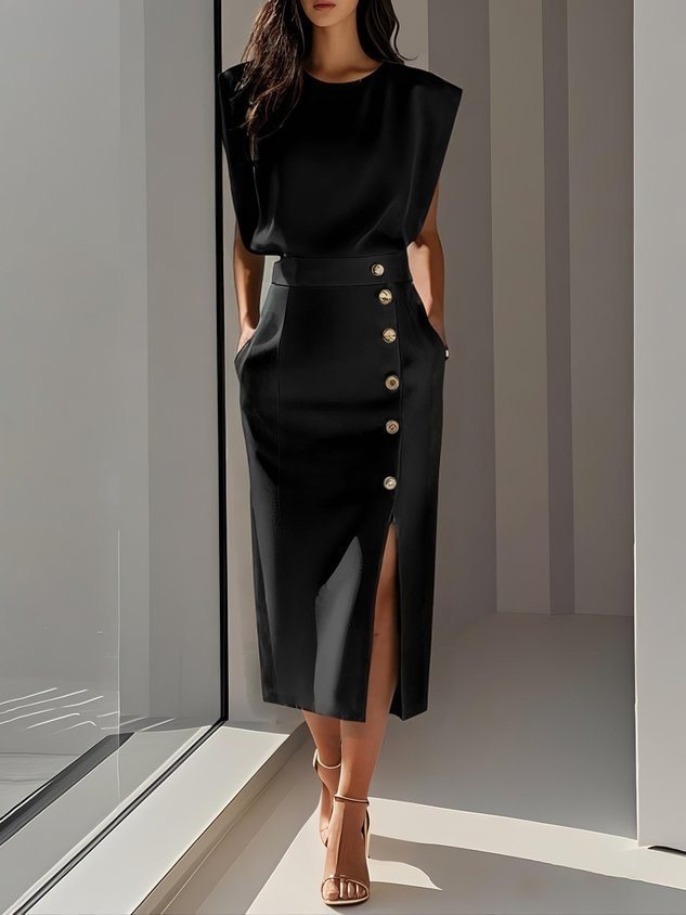 Split Metal Button Summer Dress Women