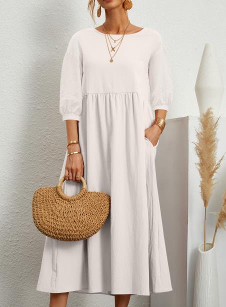Lantern Sleeve Loose Cotton And Linen Pocket Dress