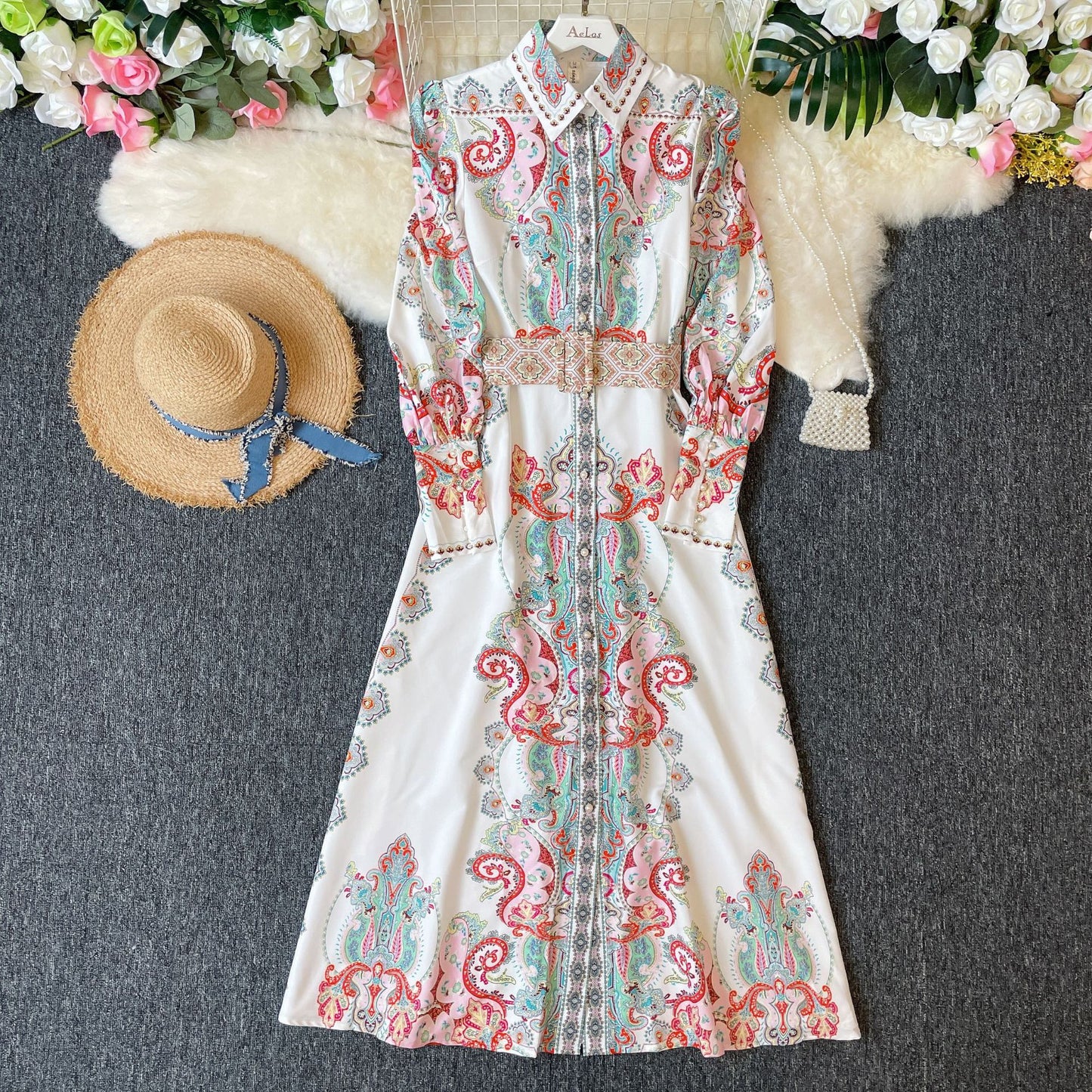 Single-breasted Long Palace Style Printed Dress With Belt