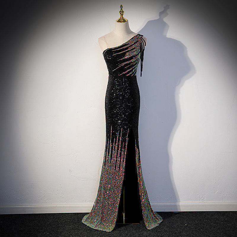 Robe femme noble tempérament design sens gland paillettes longue fendue queue de poisson jupe banquet