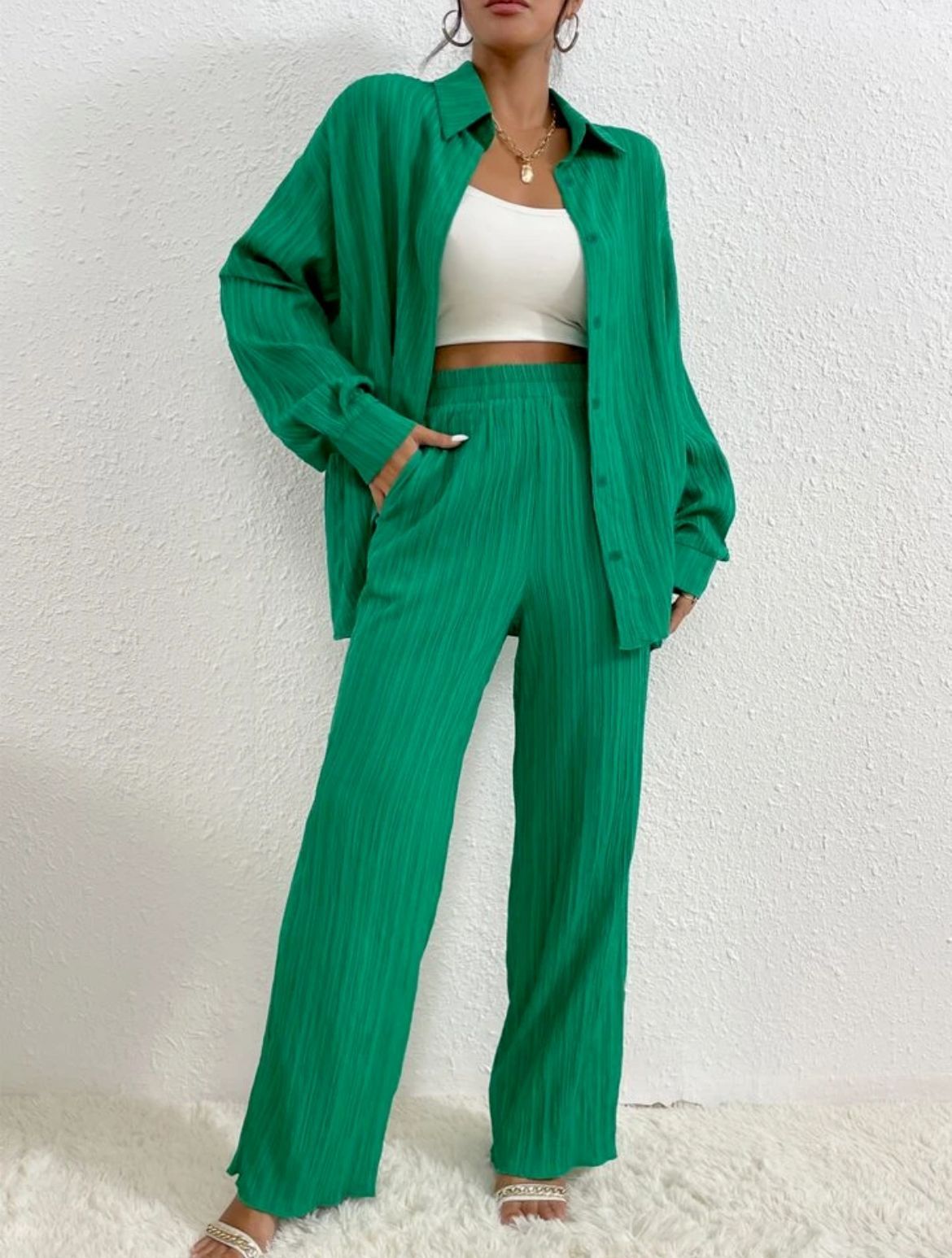 European And American Women's Clothing Solid Color Loose Drooping Smooth Pleated Casual Two-piece Suit