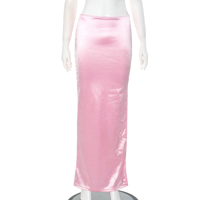 Jupe fourreau mi-longue taille haute en satin multicolore drapé européen et américain d'été