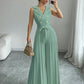 Suit Collar Bow Tie Belted Waist Pleated Jumpsuit