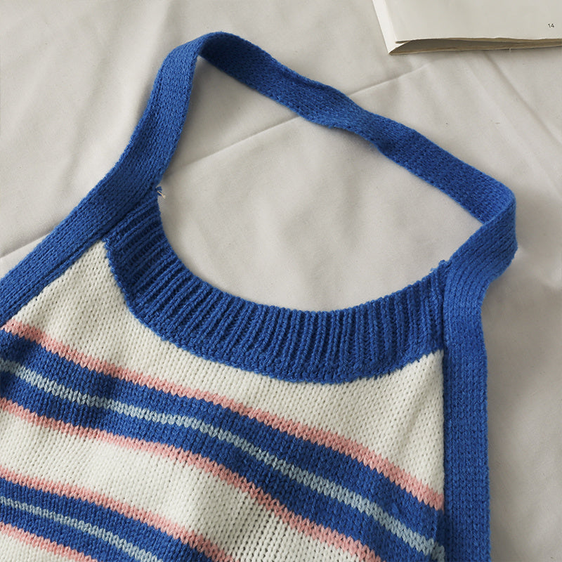 French Care Stripe Cropped Navel Halter Knit Tank Top