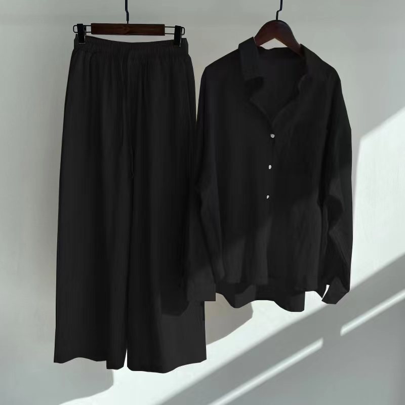 Ensemble 2 pièces rétro grande taille pour femme, chemise en coton et lin, pantalon ample taille haute