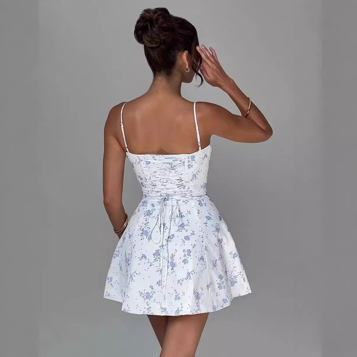 Seaside Holiday Floral Strap Back Cross Tied Slim Fit Fishbone Mini Dress