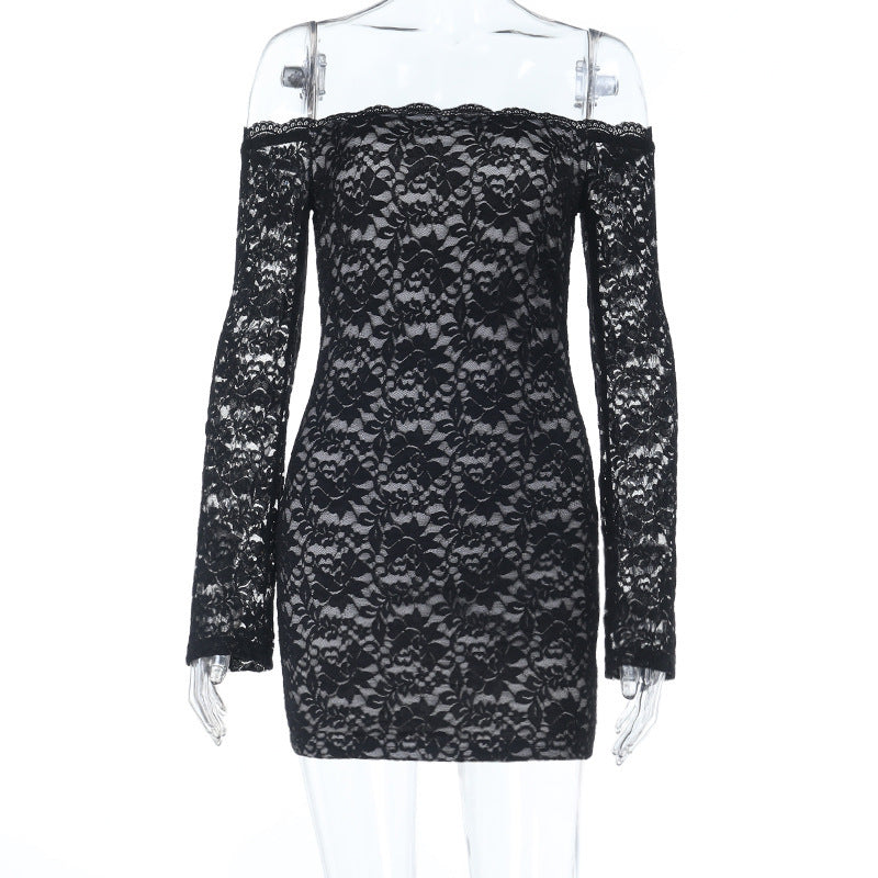 One-shoulder Lace Long-sleeved Dress Sheer