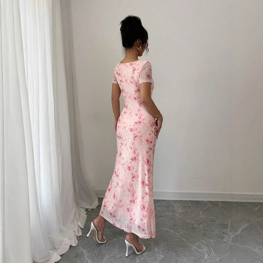 Strap-printed Long Figure-hugging Hip-hugging Dress