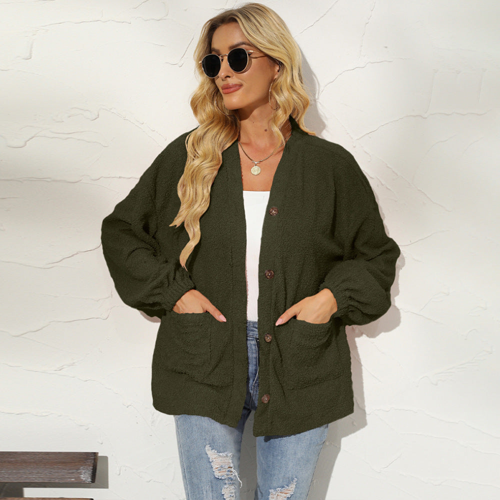 Solid Color Little Teddy Plush Cardigan Women's Casual Jacket Women