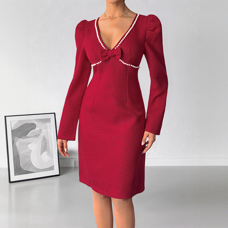 Sweet Retro Bow Pearl Decoration Deep V-neck Red Dress