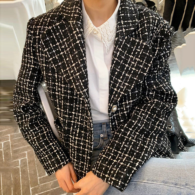Pearl ButtonLoose Pocket Quilted Tweed Short Coat