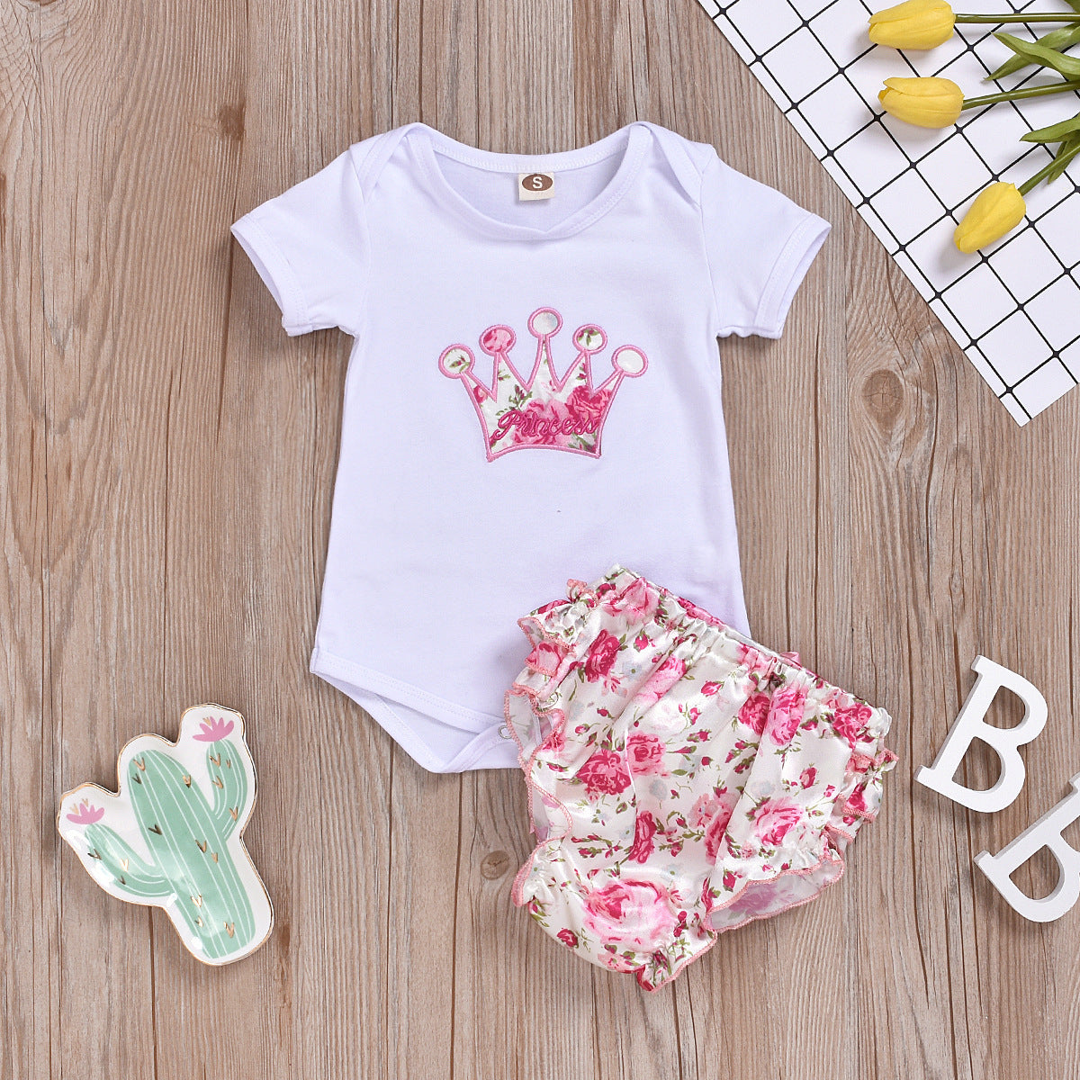 Toddler Crown Embroidered Rombo Floral Skirt Two Piece Set