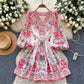 V-neck Lantern Sleeve Pleated A- Line Short Skirt