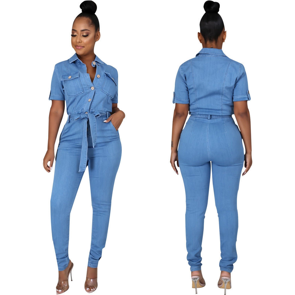 European And American Casual Fashion Denim Women's Slim Fit Jumpsuit