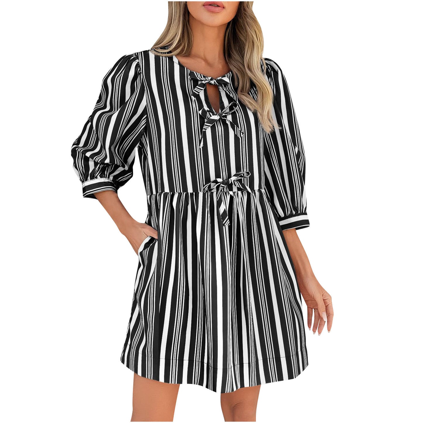 Comfort Lace-up Bow Three-quarter Sleeve Striped Dress