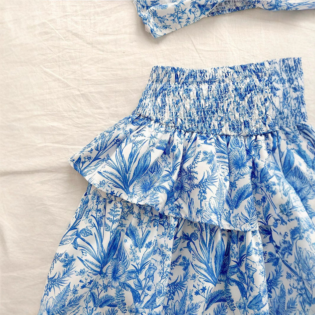 Blue Printing Tube Top Short Skirt Suit