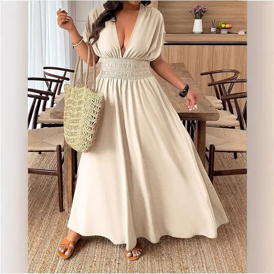 V-neck Short-sleeve Loose-fitting High-waisted Pleated Maxi Dress With A Slit