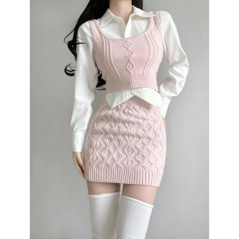 Niche Bandage Dress Sweater Vest Girl Hip Skirt Autumn Suit Women