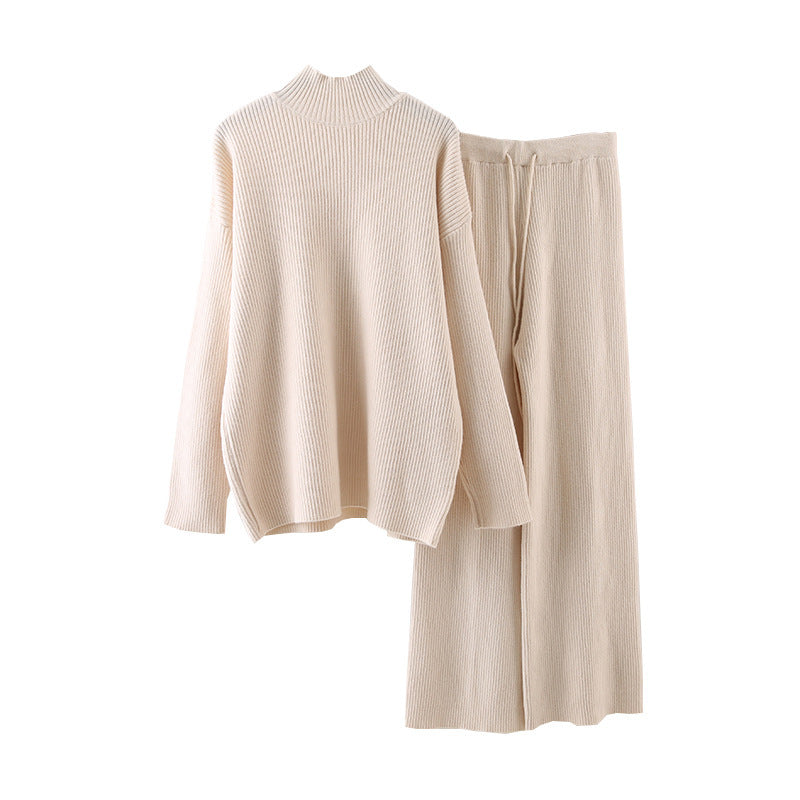Idle Style Half Turtleneck Thickened Inner Wear Knitted Wide Leg Pants Two-piece Set