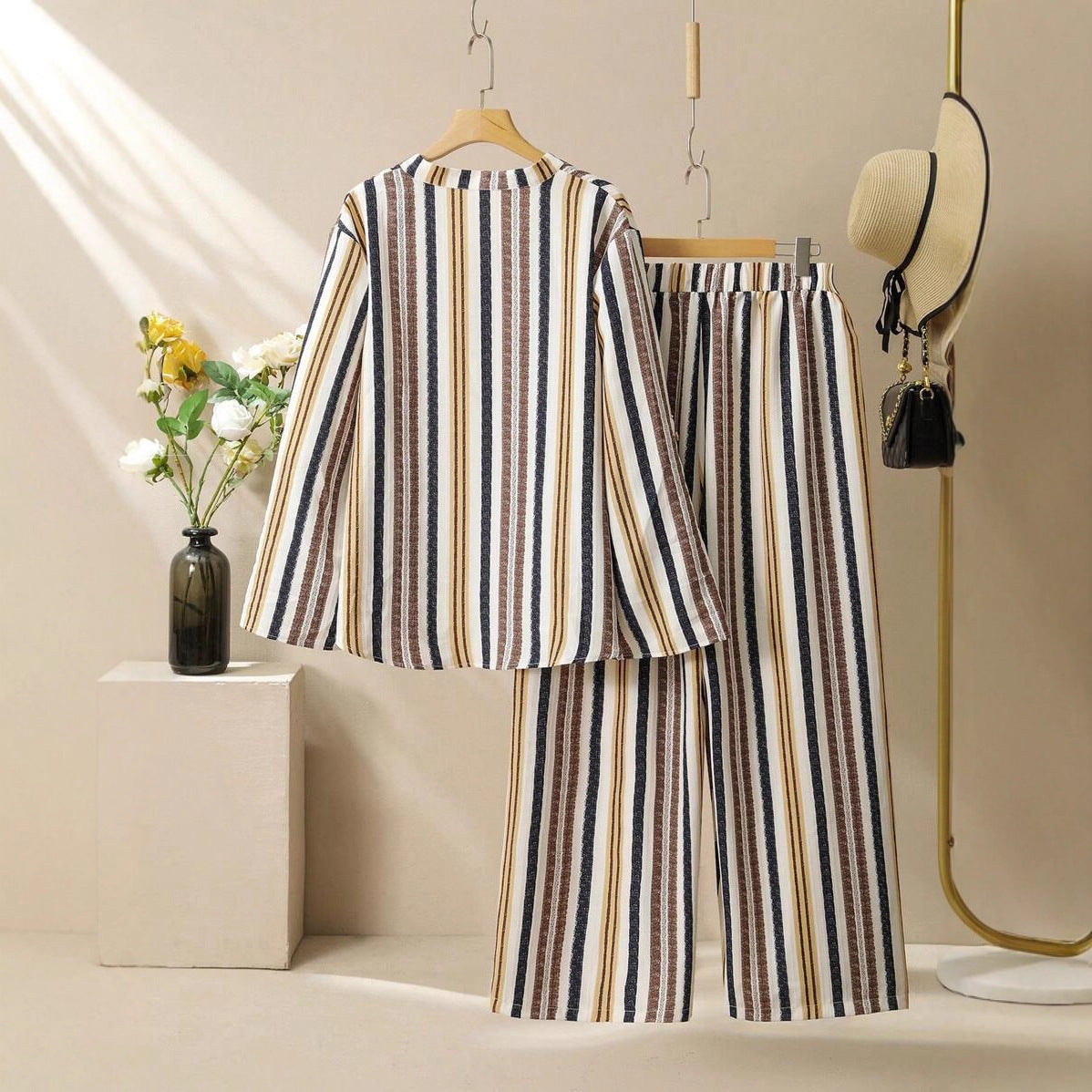Striped Printed V-neck Suit For Women