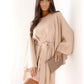 Autumn Fashion Solid Color Round-neck Flared Sleeves Lace-up Waist Dress