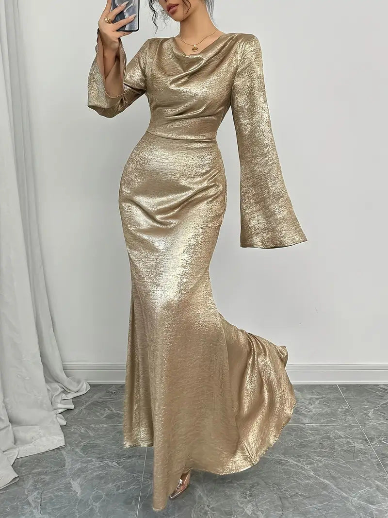 New Sexy Gold-dusted Evening Dress With Long Sleeves
