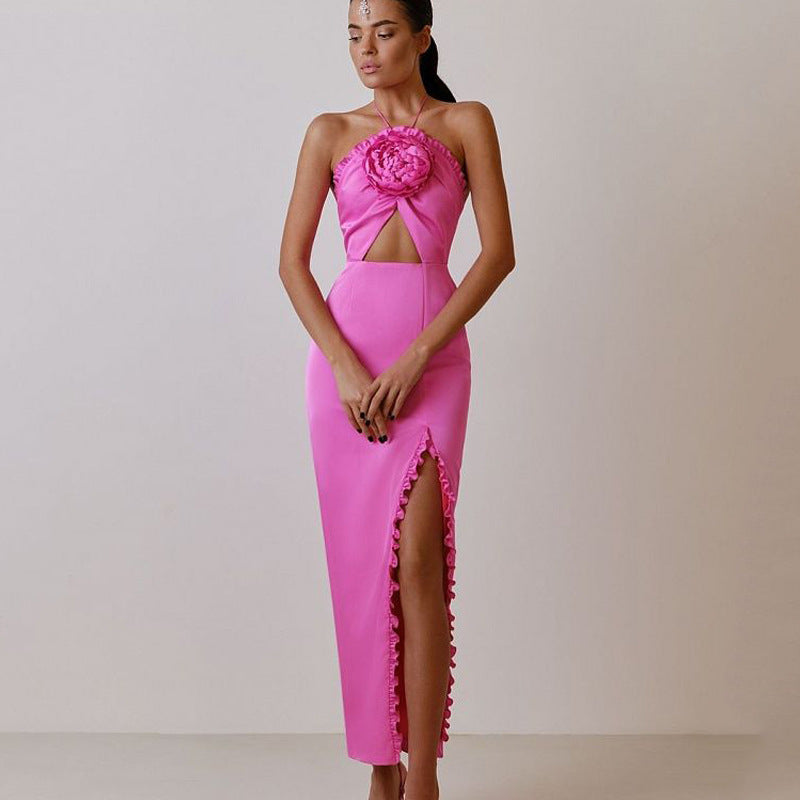 Robe de soirée fendue à lacets et dos nu, motif floral, ornement féminin