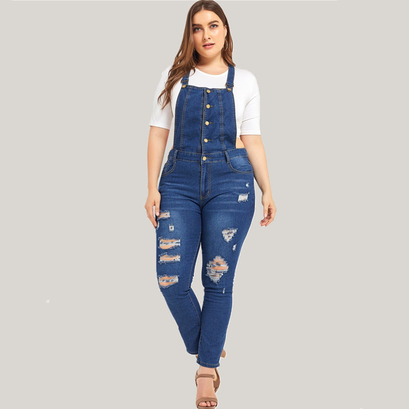 Ripped denim overalls