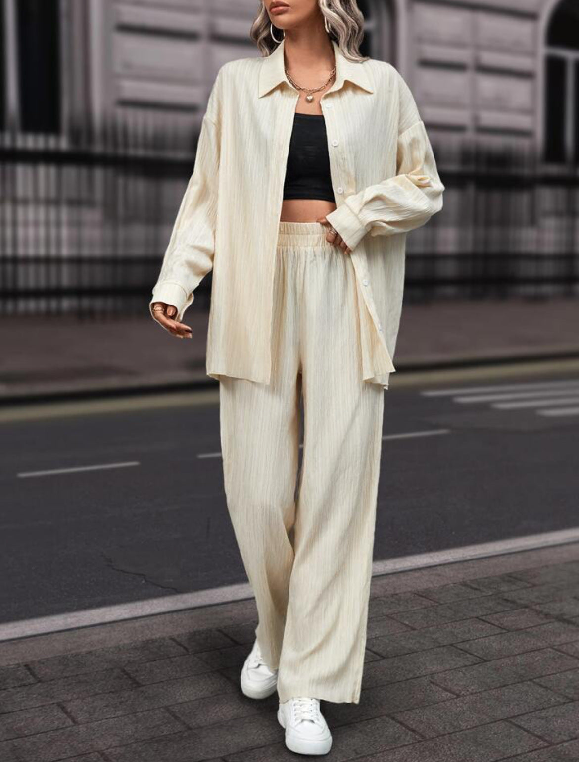 European And American Women's Clothing Solid Color Loose Drooping Smooth Pleated Casual Two-piece Suit
