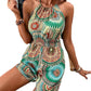 Waist Printed Halter Off-the-shoulder One-piece Shorts