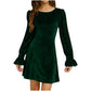 Solid-Color Crew-Neck Gold Velvet Sequin Long-Sleeve Dress