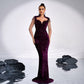 Robe queue de poisson à manches longues et col carré, avec paillettes et strass