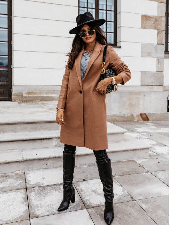 Manteau en laine mi-long à boutons et revers de couleur unie