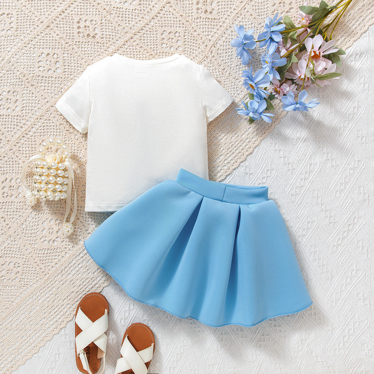 Flower Short Sleeves With Bow Puff Skirt Set