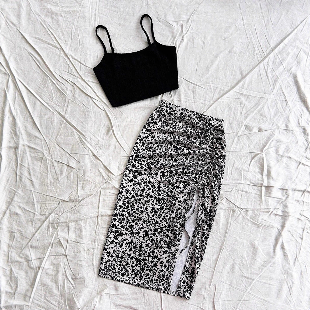 Solid-color Spaghetti-strap Top And Floral-print Slit Hem Skirt Set