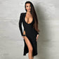 Elegant Slim Fit High Slit Deep V Long Sleeve Dress