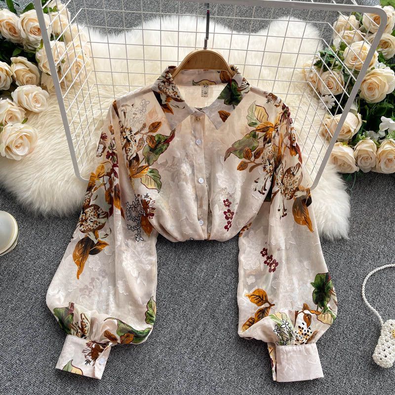 Chemise vintage imprimée à manches longues pour femme