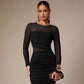 Womens Solid-Color Crew-Neck Mesh-Patchwork Bodycon Midi Skirt